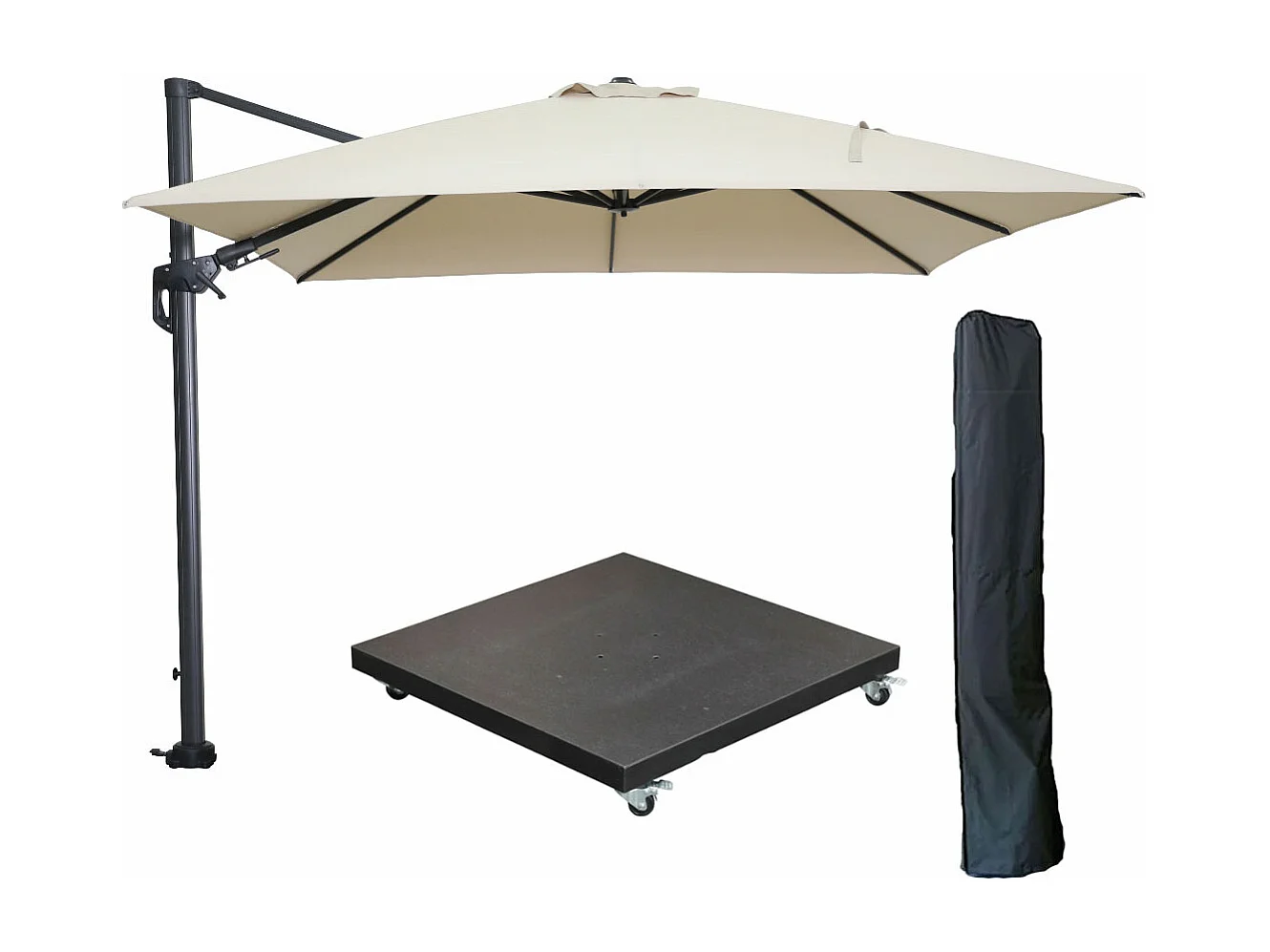 Garden Impressions Hawaii zweefparasol 300x300 cm carbon black / ecru met 90kg verrijdbare parasolvoet en parasolhoes