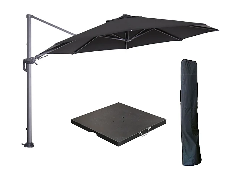 Garden Impressions Hawaii zweefparasol Ø350 cm carbon black / zwart met 90kg black polished parasolvoet en parasolhoes
