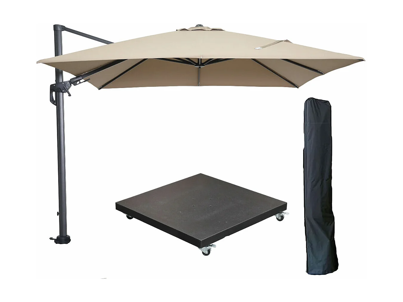 Garden Impressions Hawaii zweefparasol 300x300 cm carbon black / taupe met 90kg verrijdbare parasolvoet en parasolhoes