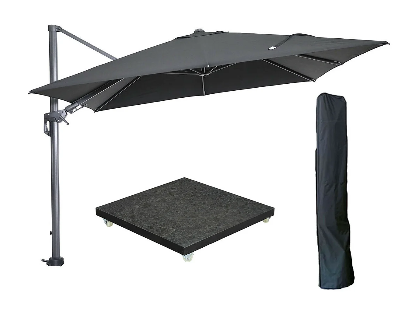 Garden Impressions Hawaii zweefparasol 300x300 cm carbon black / zwart met 90kg royal antraciet parasolvoet en parasolhoes