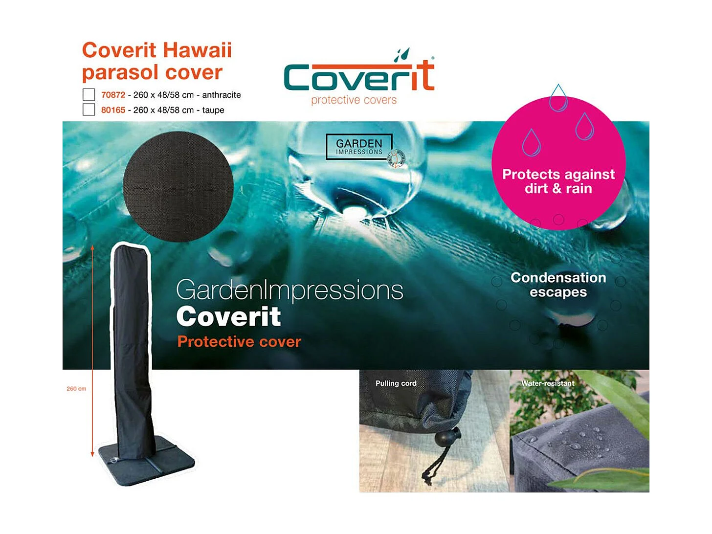 Parasol flottant Garden Impressions Hawaii gris clair Ø300 - housse et 80 kg piet de parasol