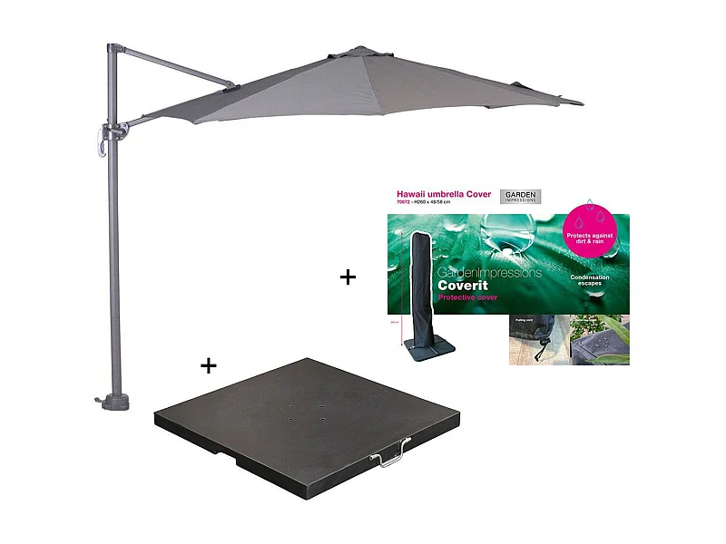 Garden Impressions Hawaii zweefparasol S Ø300 - donker grijs/licht grijs met 80 kg parasolvoet en parasolhoes