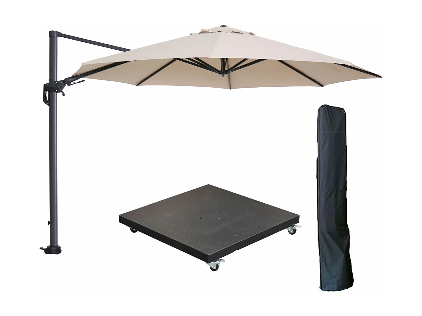 Garden Impressions Hawaii zweefparasol Ø350 cm carbon black / ecru met 90kg verrijdbare parasolvoet en parasolhoes
