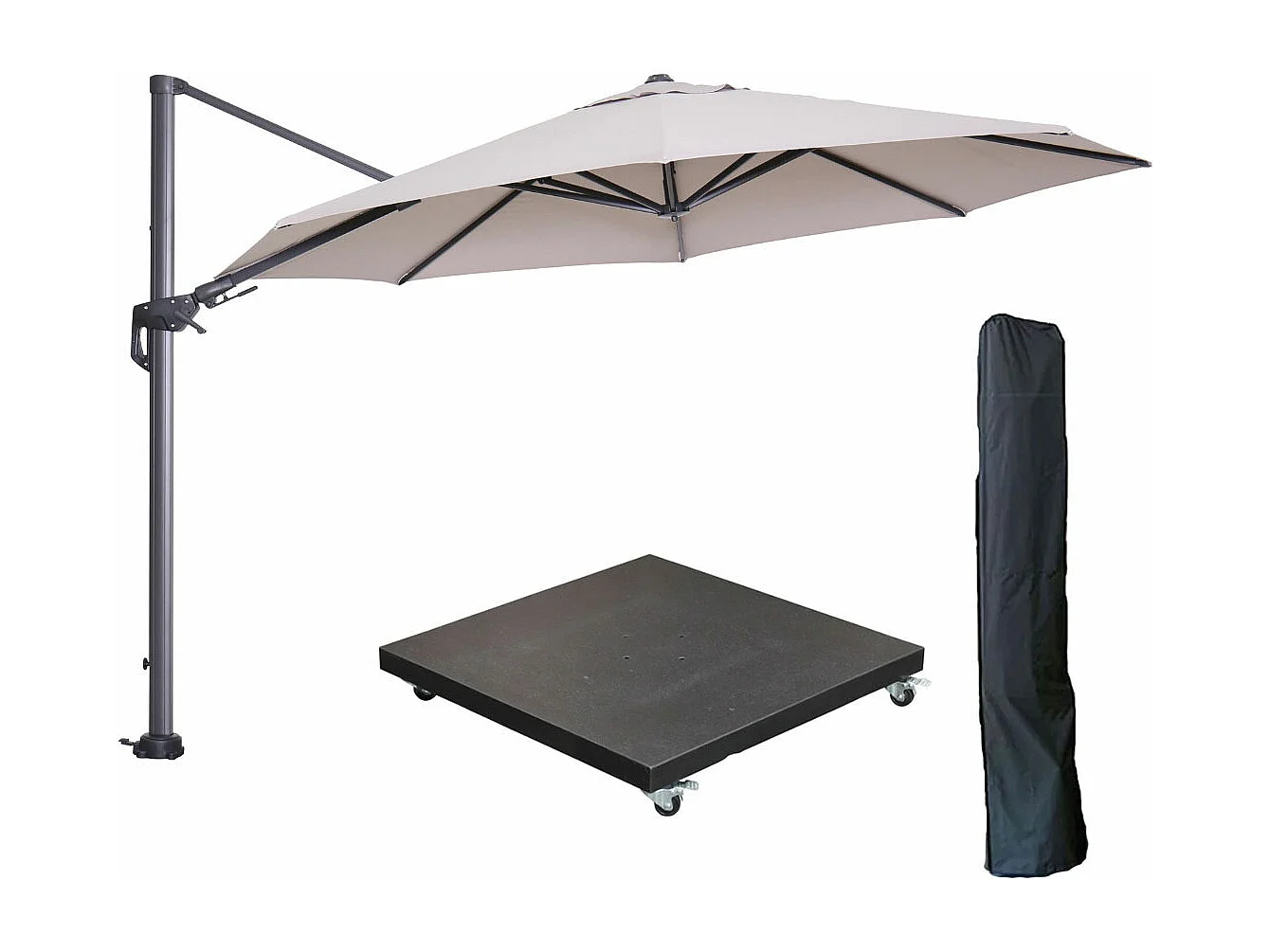 Garden Impressions Hawaii zweefparasol Ø350 cm carbon black / zand met 90kg verrijdbare parasolvoet en parasolhoes