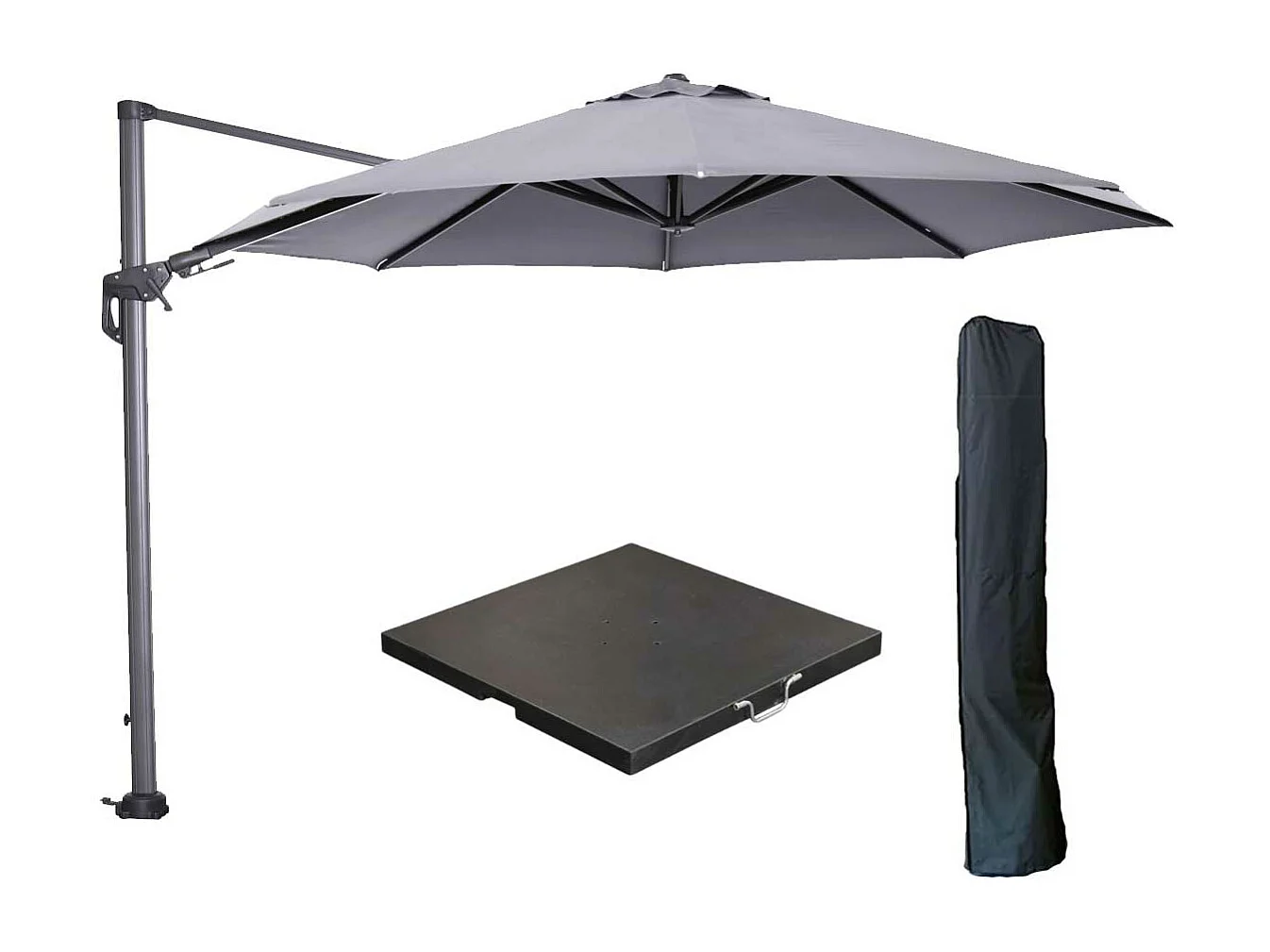Garden Impressions Hawaii zweefparasol Ø350 cm carbon black / licht grijs met 90kg black polished parasolvoet en parasolhoes