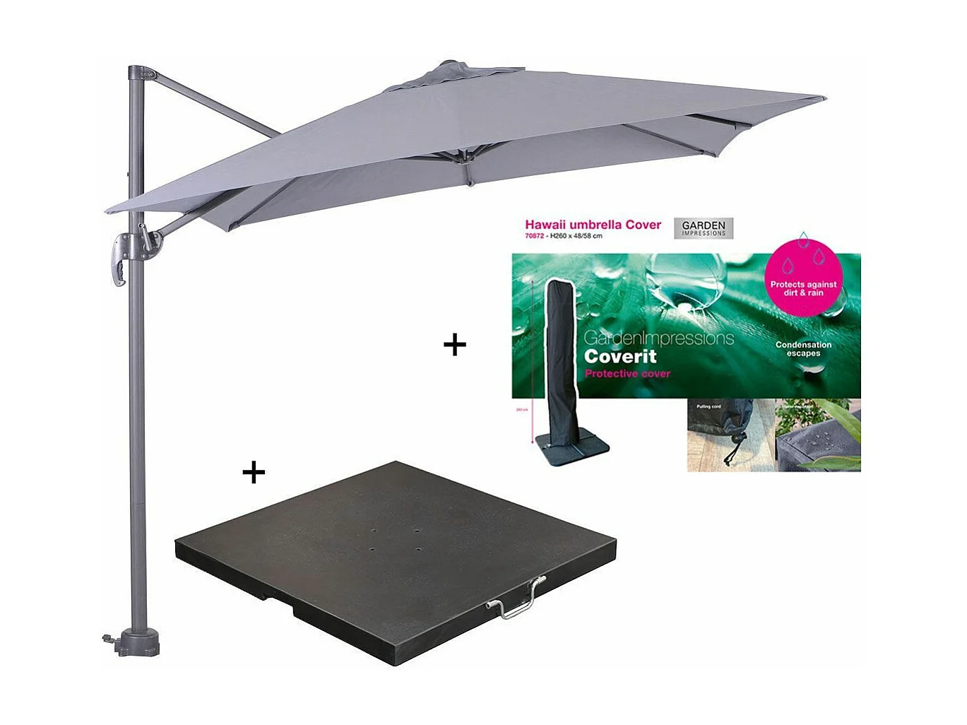 Parasol flottant Garden Impressions Hawaii gris clair 250x250cm - housse et 80 Cosmo piet de parasol