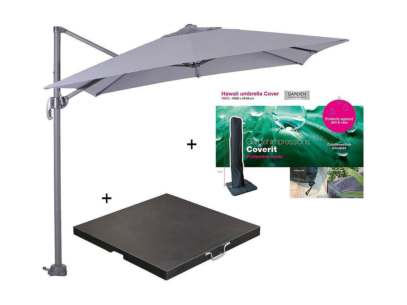 Parasol flottant Garden Impressions Hawaii gris clair 250x250cm - housse et 80 Cosmo piet de parasol