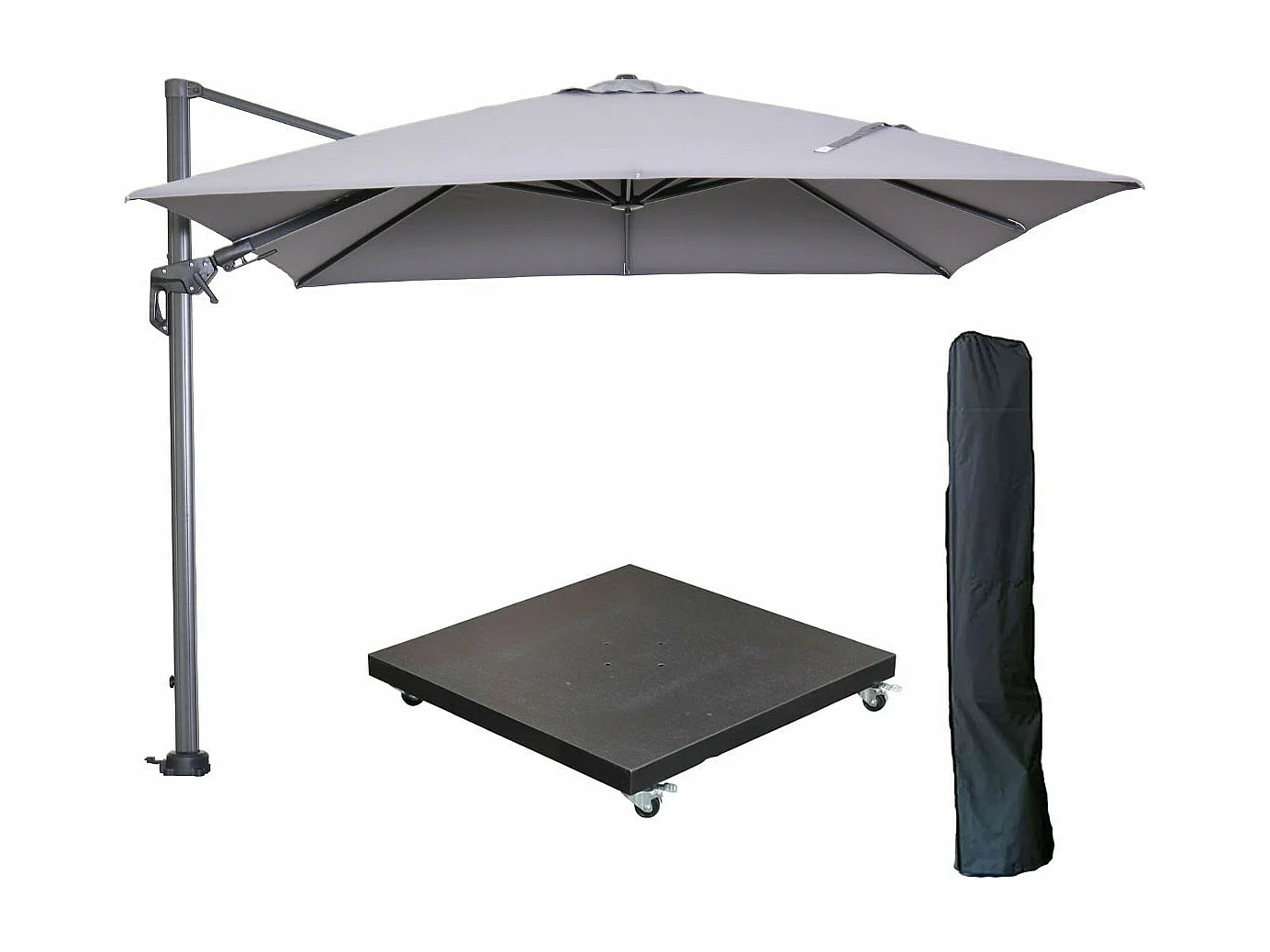Garden Impressions Hawaii zweefparasol 300x300 cm carbon black / licht grijs met 90kg verrijdbare parasolvoet en parasolhoes