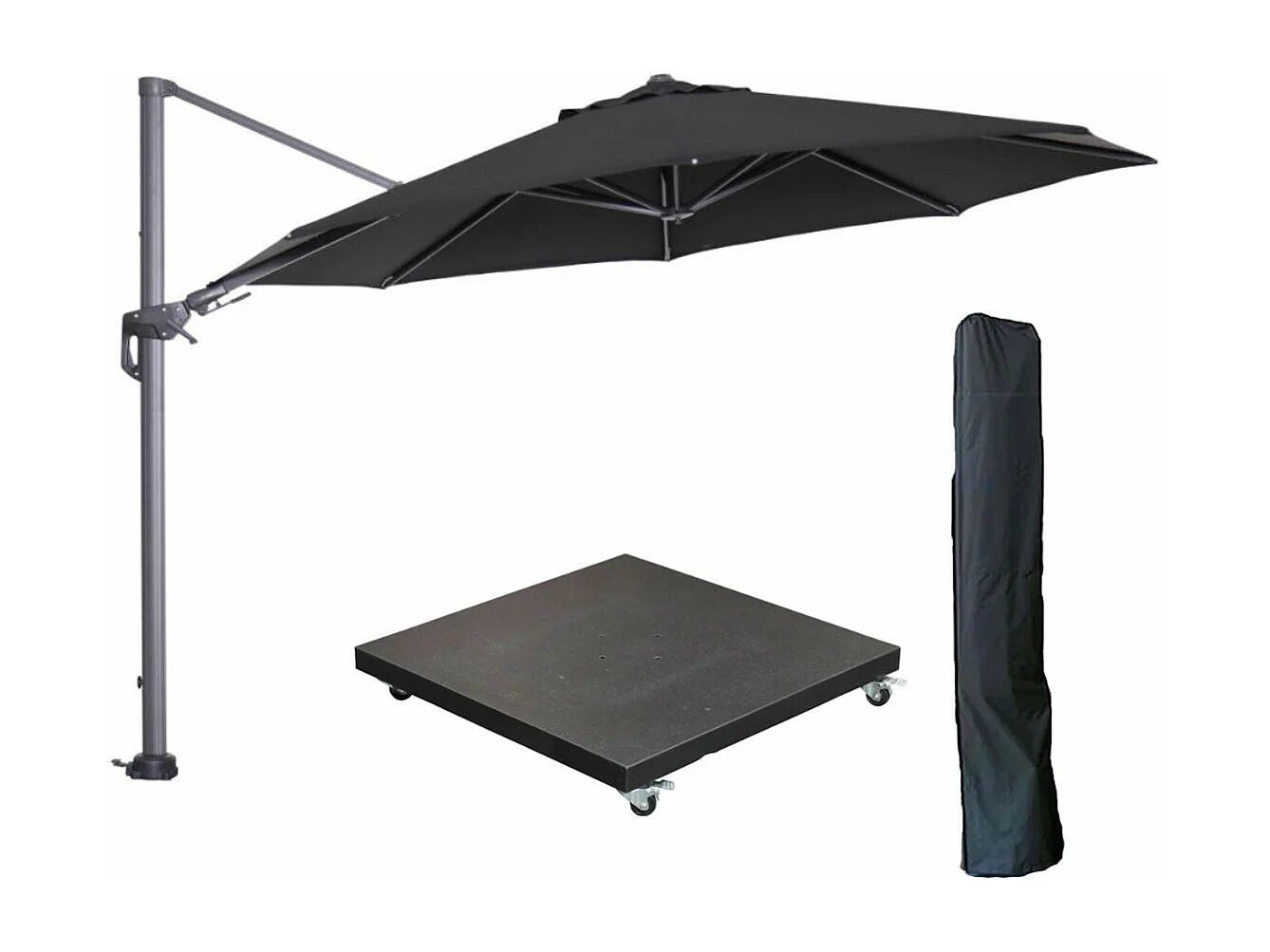 Garden Impressions Hawaii zweefparasol Ø350 cm carbon black / zwart met 90kg verrijdbare parasolvoet en parasolhoes