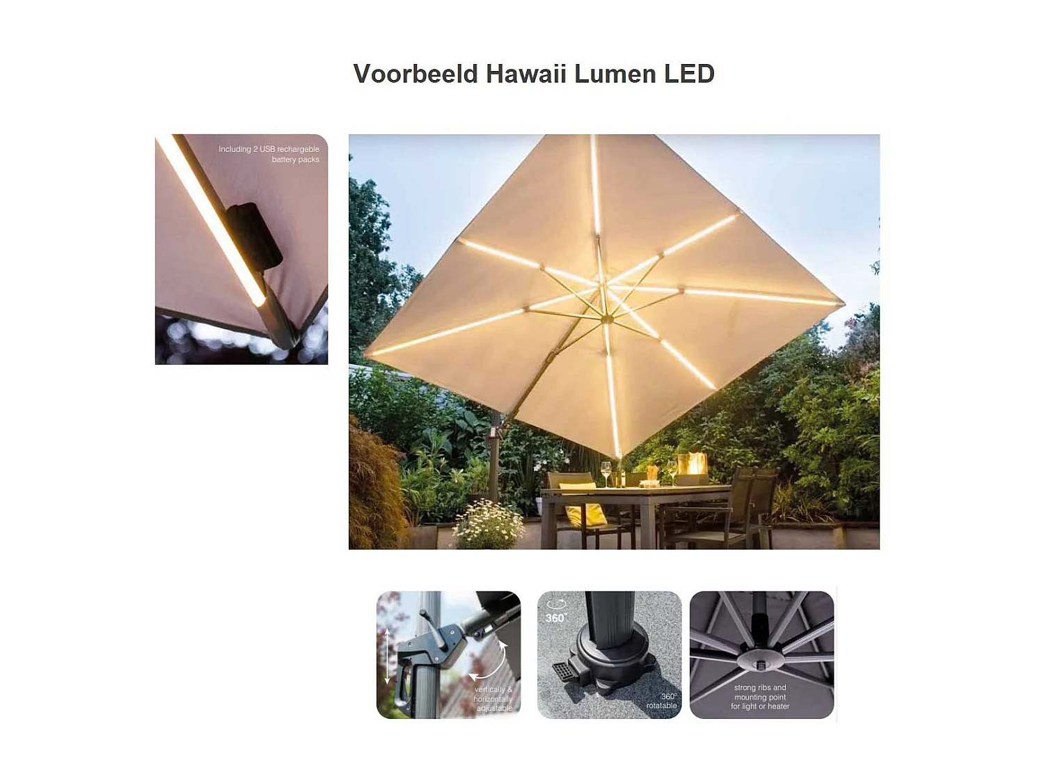 Garden Impressions Hawaii zweefparasol Lumen LED 300x300 cm - donker grijs
