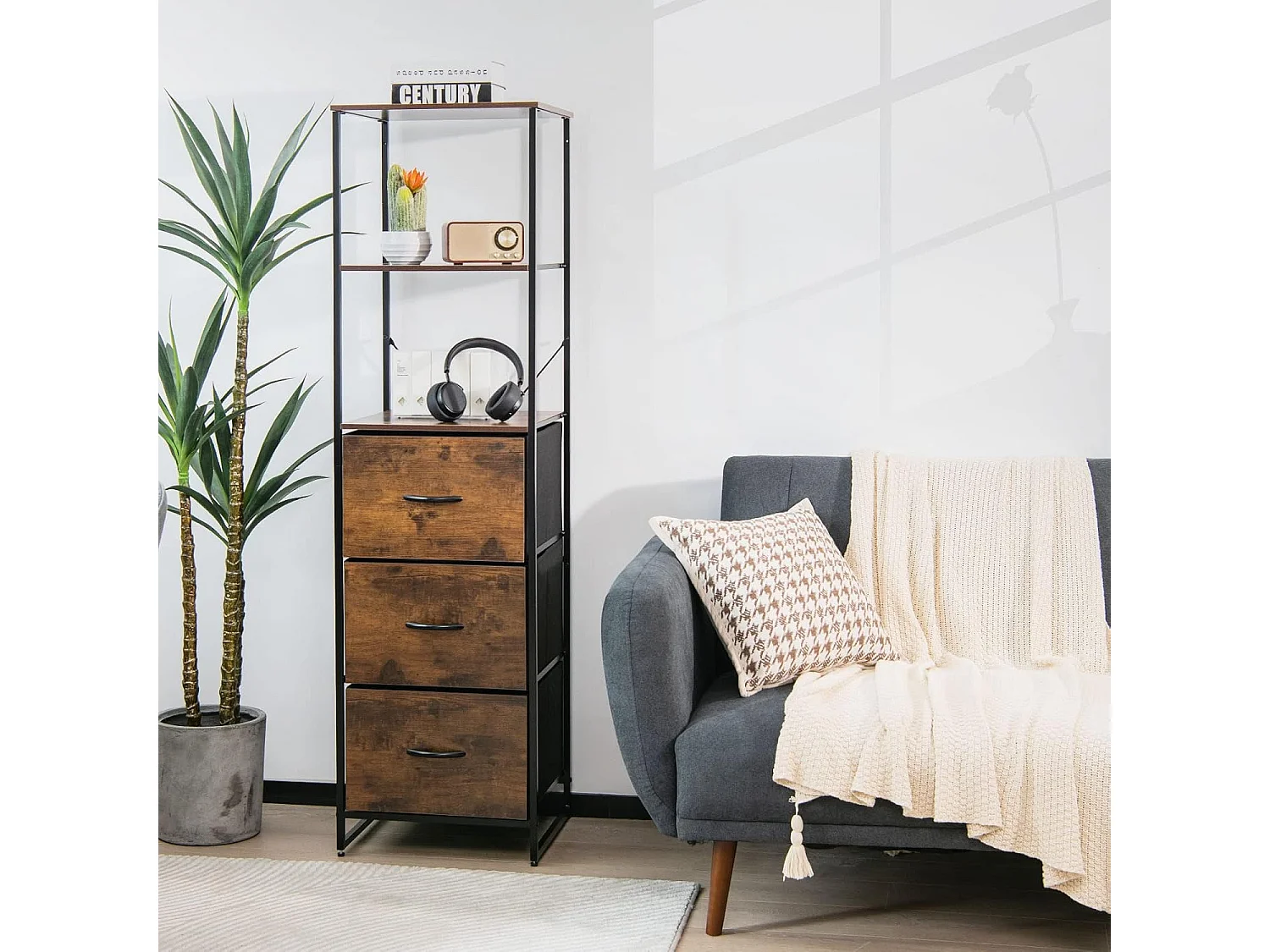 Meuble Colonne de Rangement, Etagères Bibliothèque 3 Tiroirs Pliables, Cadre en Métal, Style Industriel, Marron Rustique, 43 x 39 x 156 cm