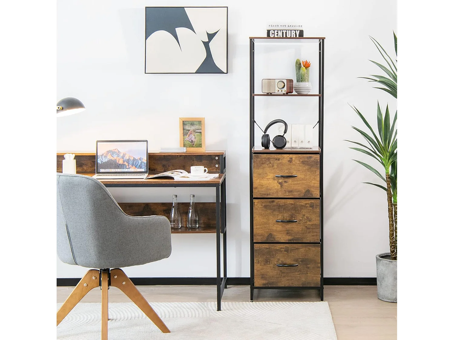 Meuble Colonne de Rangement, Etagères Bibliothèque 3 Tiroirs Pliables, Cadre en Métal, Style Industriel, Marron Rustique, 43 x 39 x 156 cm