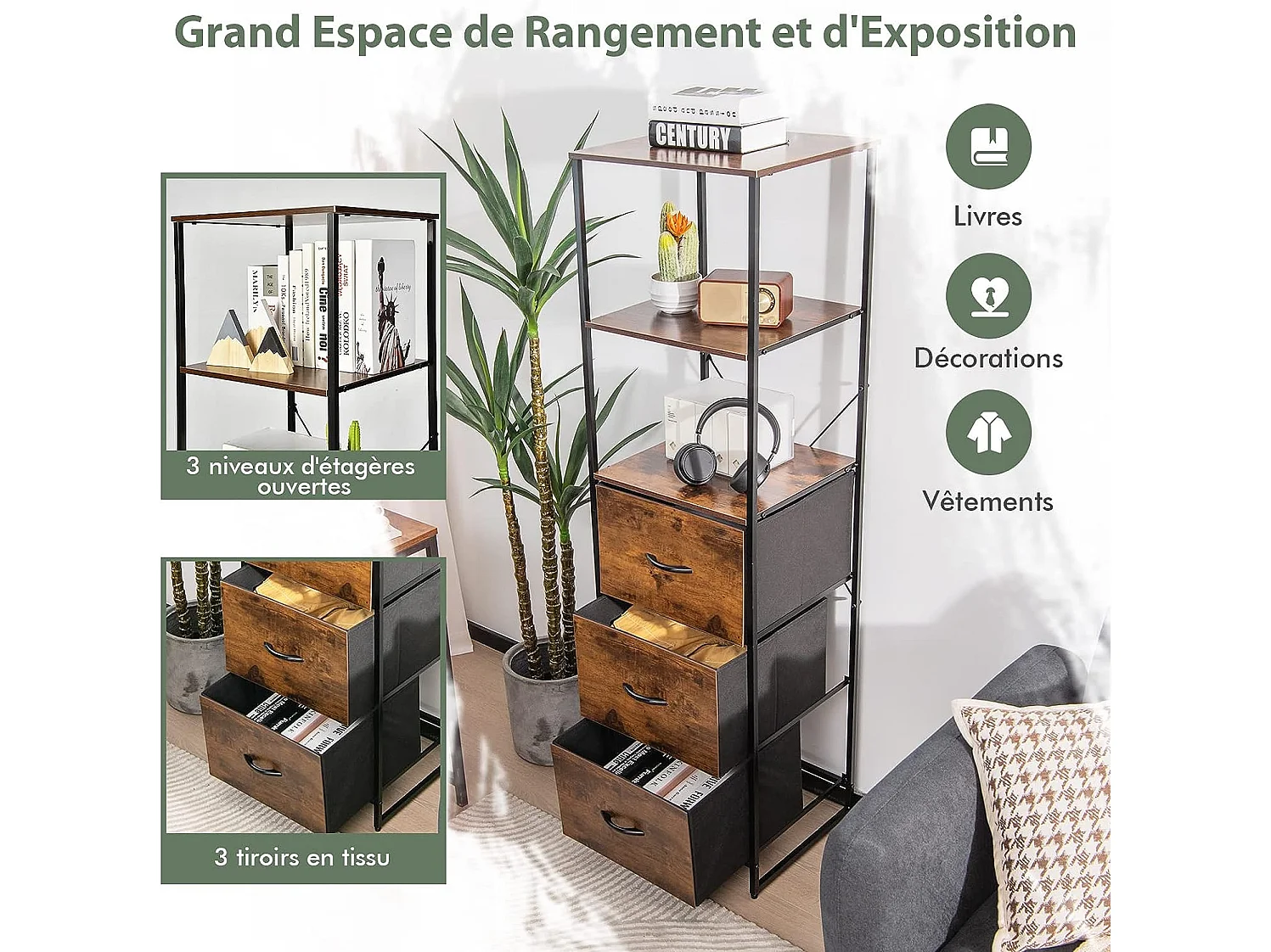 Meuble Colonne de Rangement, Etagères Bibliothèque 3 Tiroirs Pliables, Cadre en Métal, Style Industriel, Marron Rustique, 43 x 39 x 156 cm