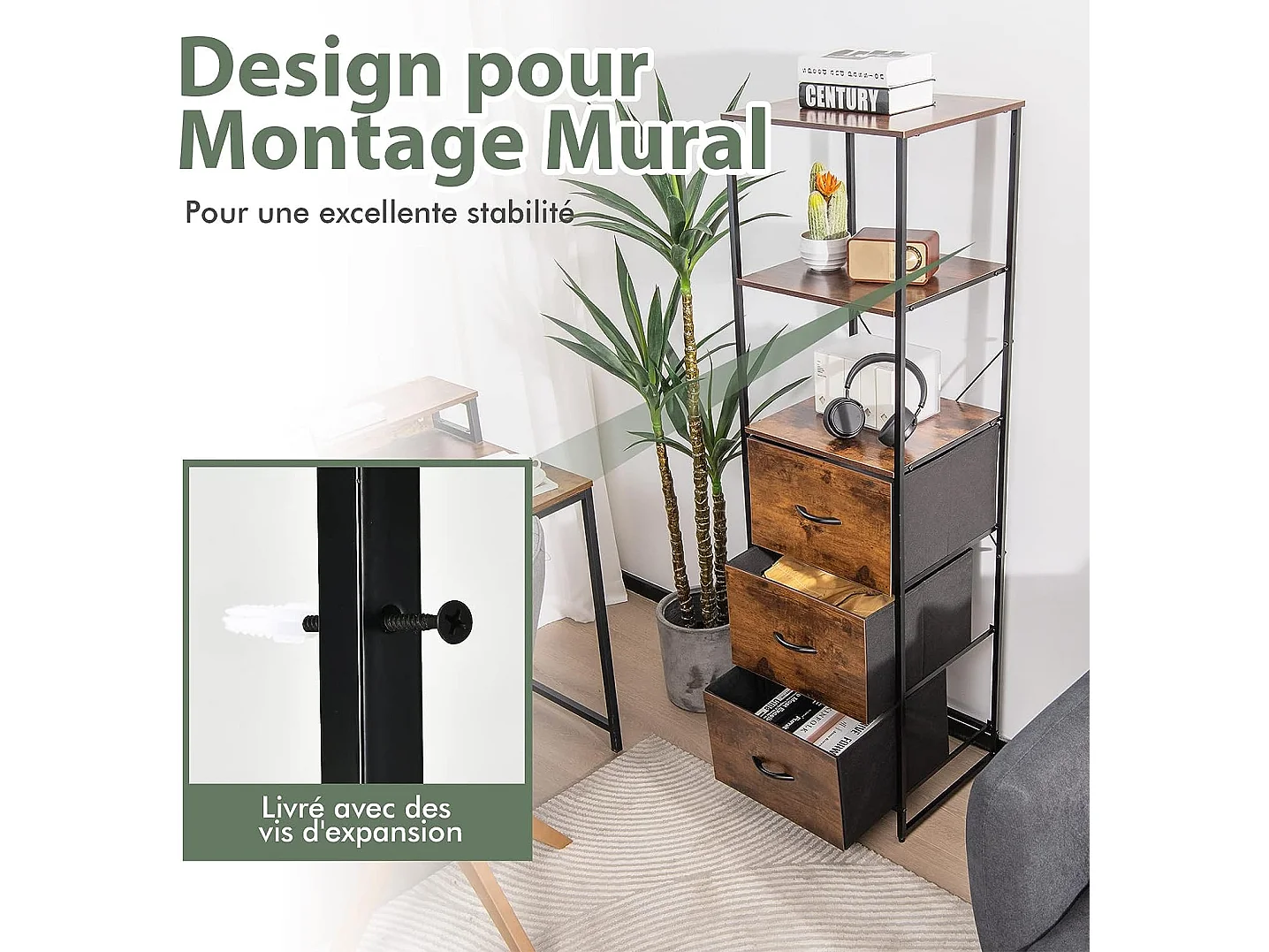 Meuble Colonne de Rangement, Etagères Bibliothèque 3 Tiroirs Pliables, Cadre en Métal, Style Industriel, Marron Rustique, 43 x 39 x 156 cm