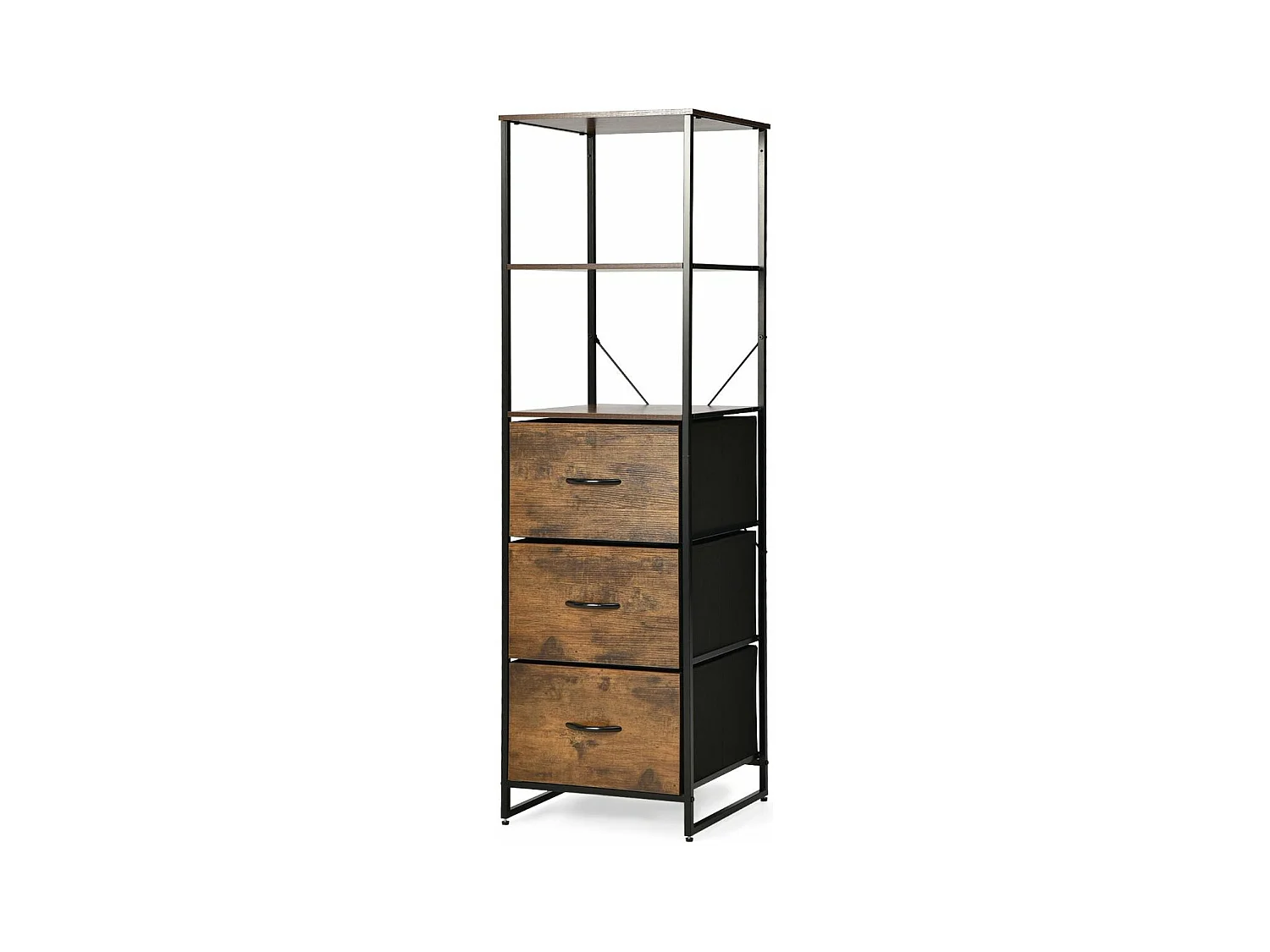 Meuble Colonne de Rangement, Etagères Bibliothèque 3 Tiroirs Pliables, Cadre en Métal, Style Industriel, Marron Rustique, 43 x 39 x 156 cm