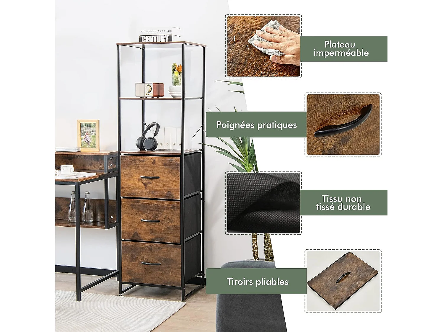 Opbergkolomkast, boekenkastplanken 3 opvouwbare laden, metalen frame, industriële stijl, rustiek bruin, 43 x 39 x 156 cm