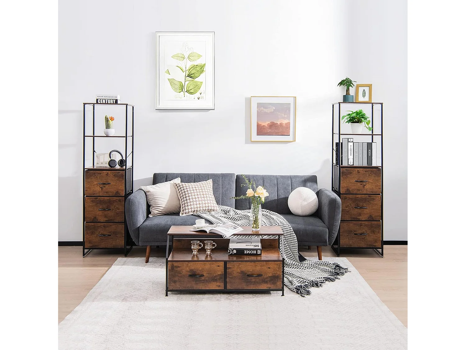 Opbergkolomkast, boekenkastplanken 3 opvouwbare laden, metalen frame, industriële stijl, rustiek bruin, 43 x 39 x 156 cm