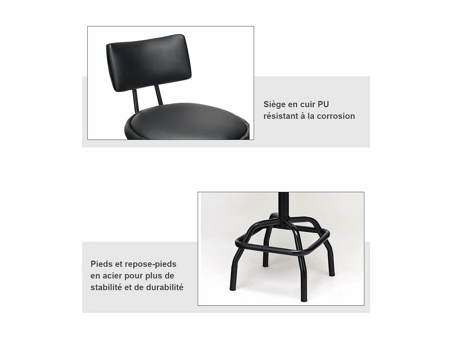 Tabouret de Bar en Cuir PU, Chaise de Bar avec Dossier Rembourré, Chaise Haute avec Repose-Pieds, Pivotant sur 360°, Hauteur Réglable (62-73CM), pour Bars, Cuisines et Cafés, Noir