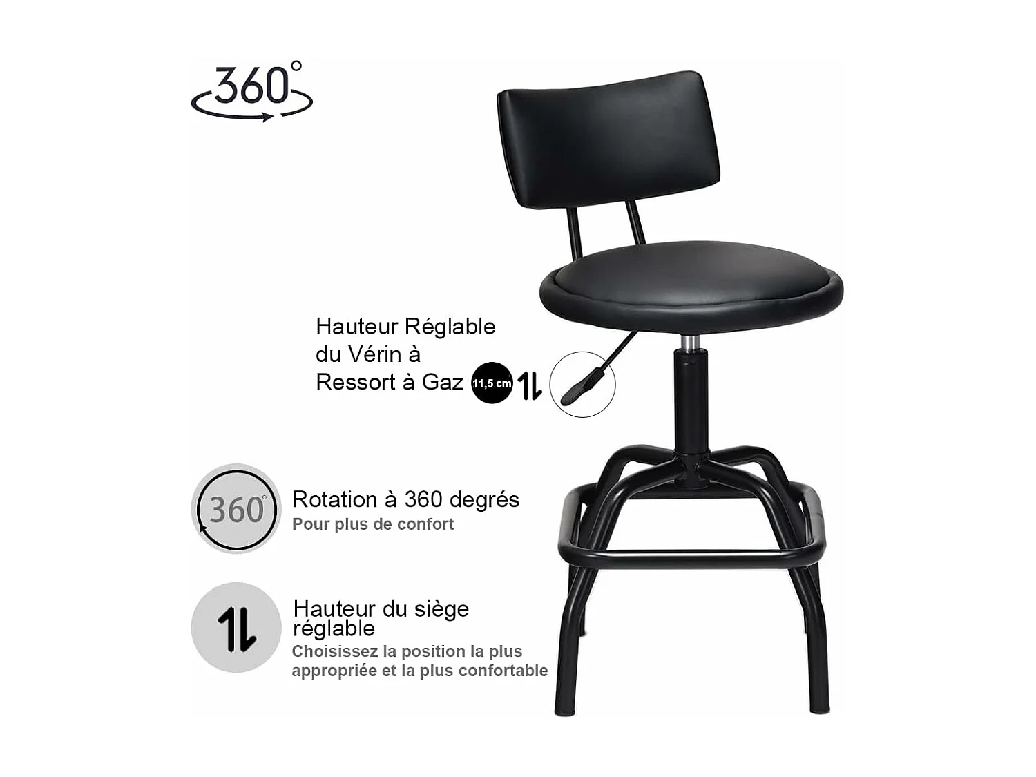 Tabouret de Bar en Cuir PU, Chaise de Bar avec Dossier Rembourré, Chaise Haute avec Repose-Pieds, Pivotant sur 360°, Hauteur Réglable (62-73CM), pour Bars, Cuisines et Cafés, Noir