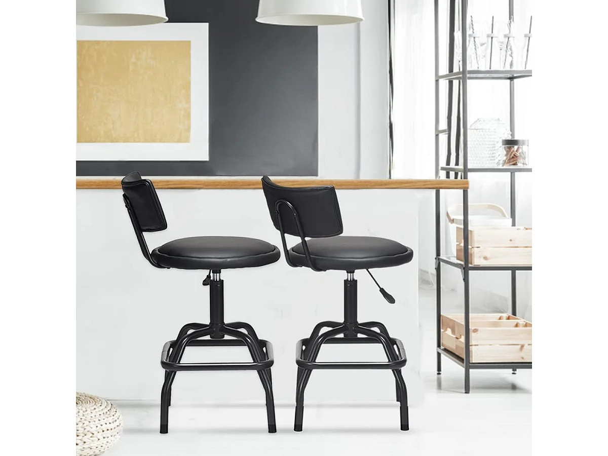 Tabouret de Bar en Cuir PU, Chaise de Bar avec Dossier Rembourré, Chaise Haute avec Repose-Pieds, Pivotant sur 360°, Hauteur Réglable (62-73CM), pour Bars, Cuisines et Cafés, Noir