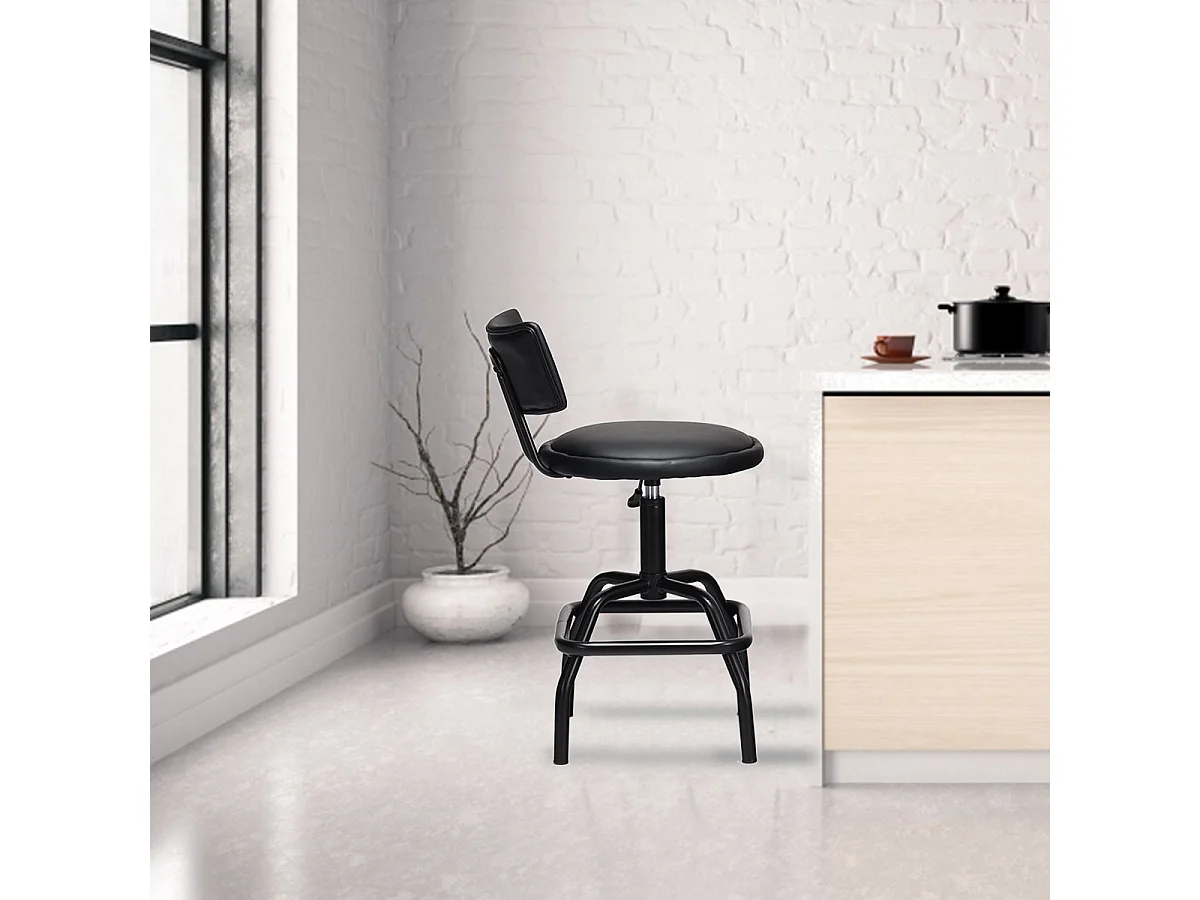 Tabouret de Bar en Cuir PU, Chaise de Bar avec Dossier Rembourré, Chaise Haute avec Repose-Pieds, Pivotant sur 360°, Hauteur Réglable (62-73CM), pour Bars, Cuisines et Cafés, Noir