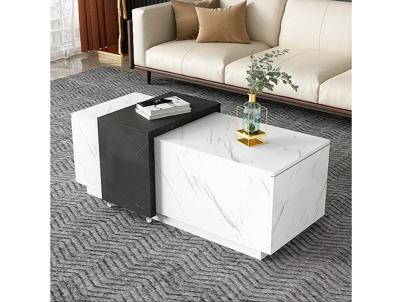 Couchtisch mit 2 Türen und mobilen Tablett, Marmor -Look, Partikelpanel, für das Wohnzimmer und das Büro, 110 x 50 x 36 cm