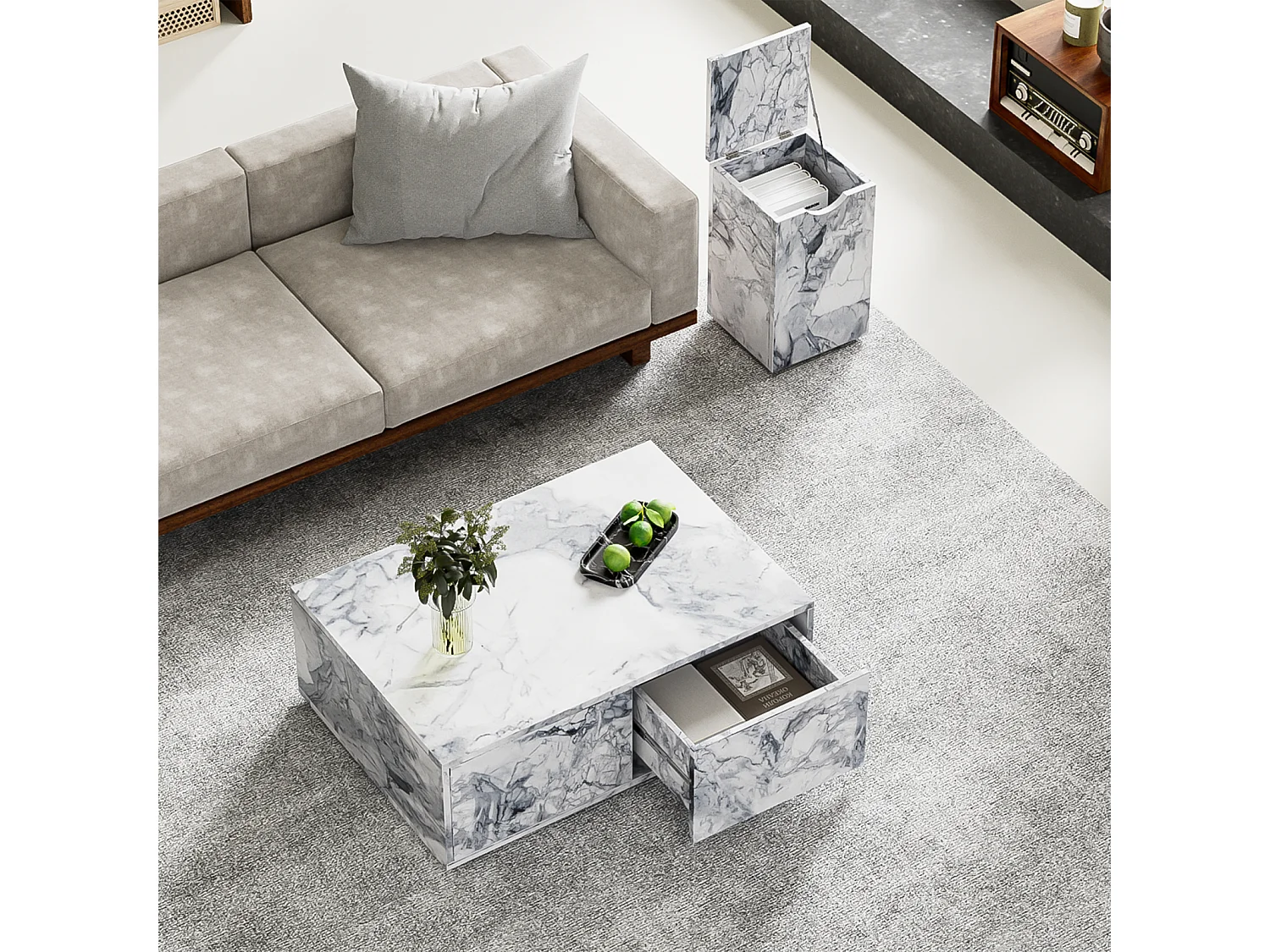 Lot de 2 table basse avec rangement, aspect en marbre en MDF, table d'appoint de canapé et balcon, Blanc, 100x70x33.5cm