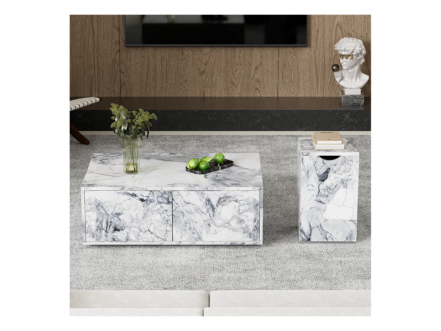 Lot de 2 table basse avec rangement, aspect en marbre en MDF, table d'appoint de canapé et balcon, Blanc, 100x70x33.5cm