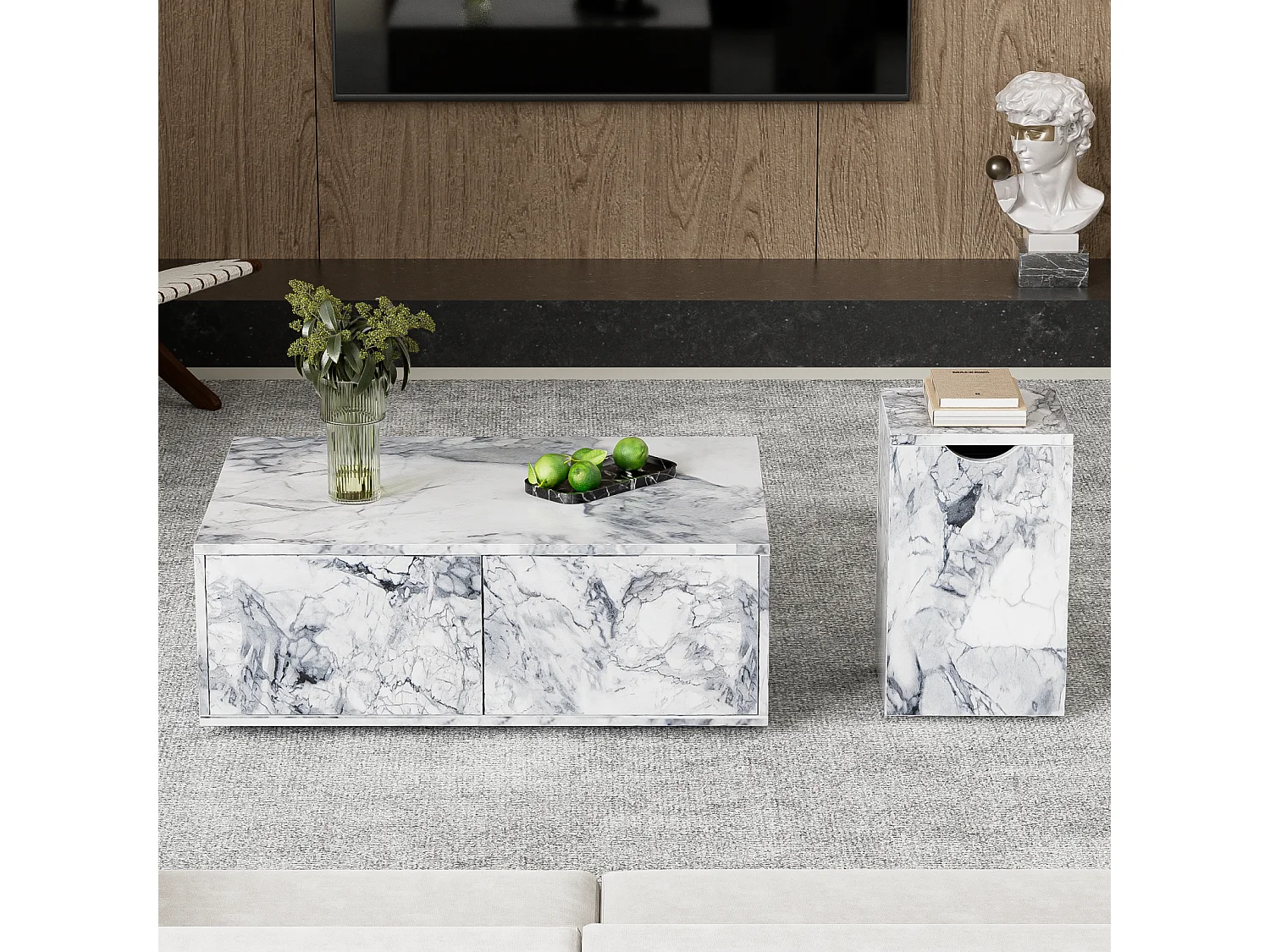 Set van 2 salontafel met opslag, MDF Marble -uiterlijk, bank en balkon, wit, 100x70x33,5 cm