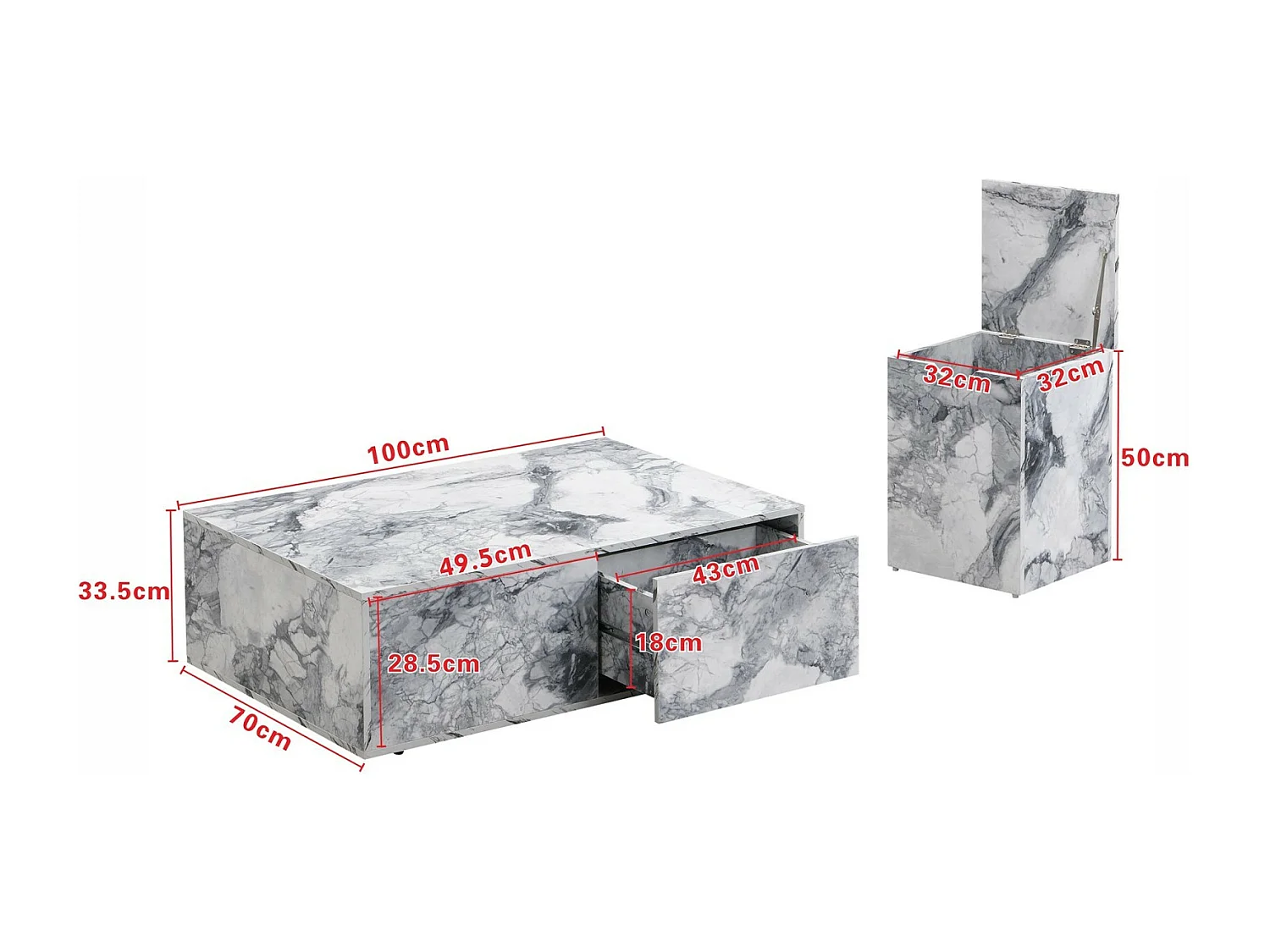 Set van 2 salontafel met opslag, MDF Marble -uiterlijk, bank en balkon, wit, 100x70x33,5 cm