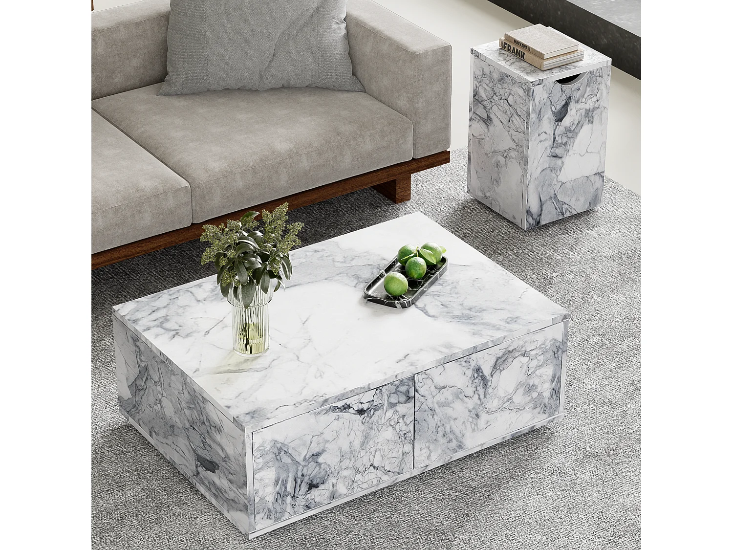 Set van 2 salontafel met opslag, MDF Marble -uiterlijk, bank en balkon, wit, 100x70x33,5 cm