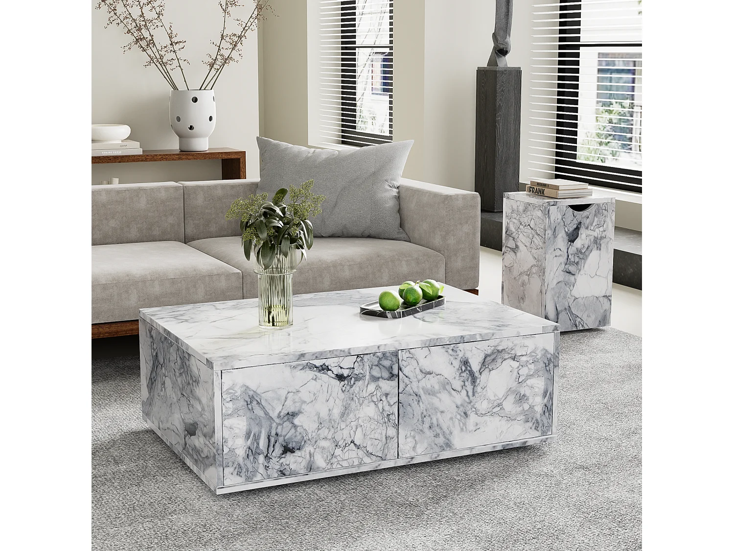 Set van 2 salontafel met opslag, MDF Marble -uiterlijk, bank en balkon, wit, 100x70x33,5 cm