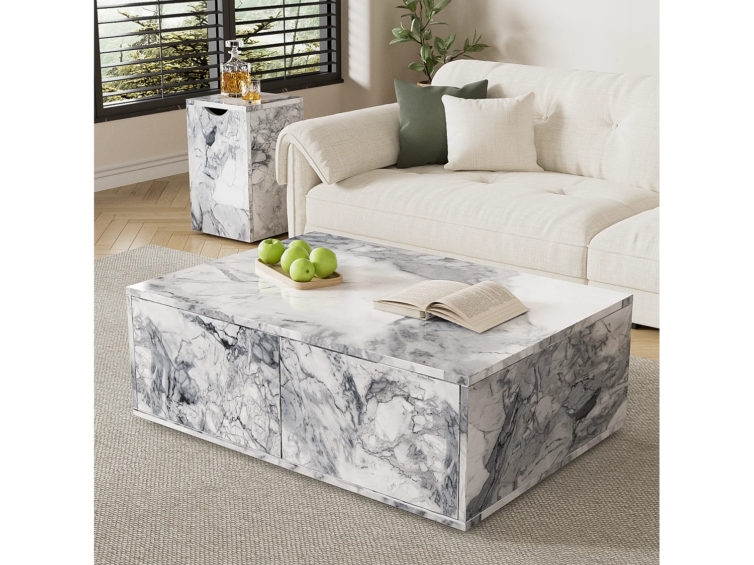 Set van 2 salontafel met opslag, MDF Marble -uiterlijk, bank en balkon, wit, 100x70x33,5 cm