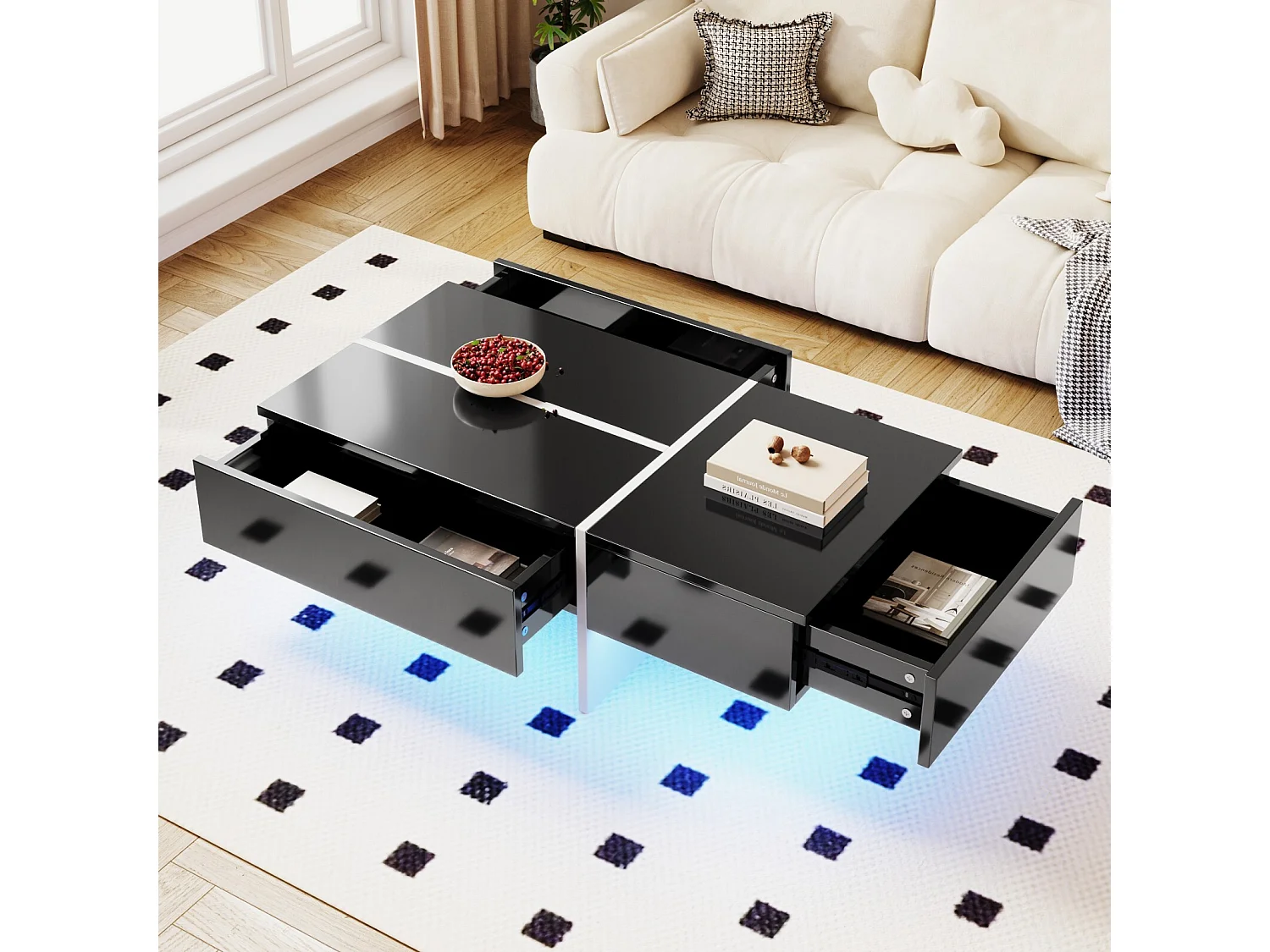 Tavolino da 3 con i LED e app, pannello di particelle, bianco e nero, 100x50 x34,5 cm