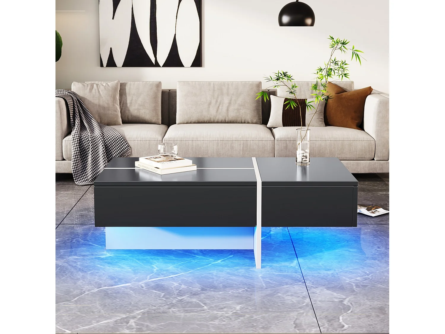 Tavolino da 3 con i LED e app, pannello di particelle, bianco e nero, 100x50 x34,5 cm