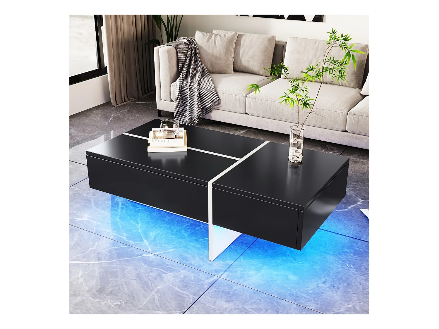 Mesa de café de 3 másditas, con LED y aplicación, panel de partículas, blanco y negro, 100x50 x34.5 cm