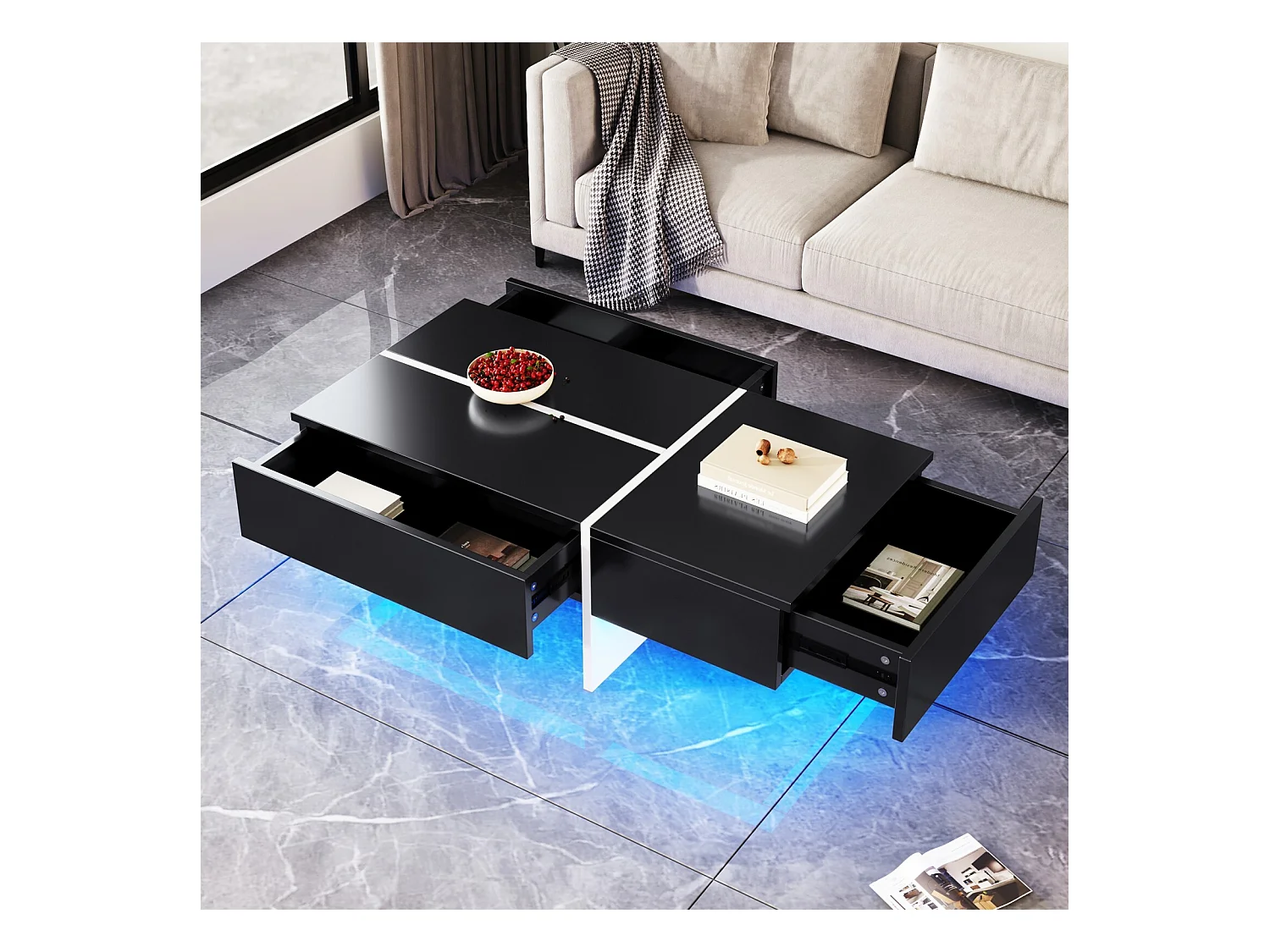 3 -Drawer -salontafel, met LED's en app, deeltjespaneel, zwart en wit, 100x50 x34,5 cm