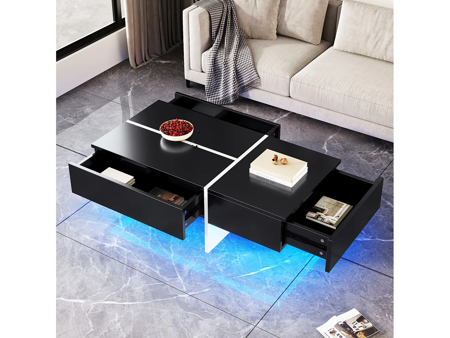 Table basse 3 tiroirs, avec LEDs et App, panneau de particule, Noir et Blanc, 100x50 x34,5cm