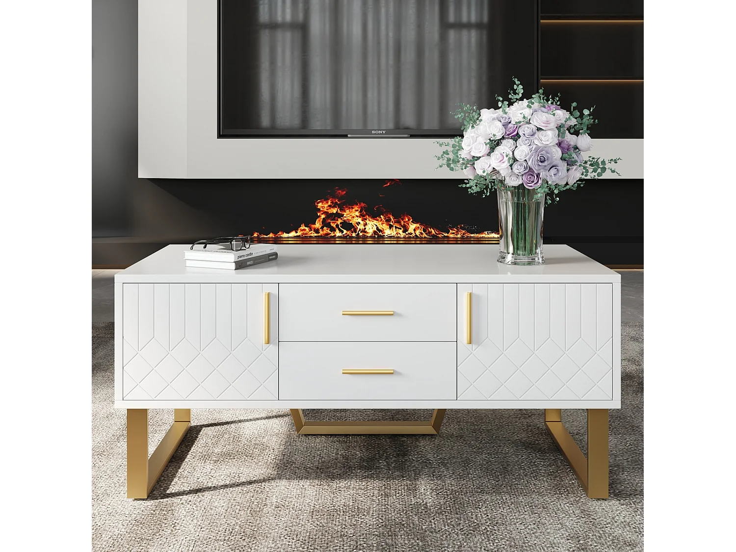 Brillante Kaffeetabelle 2 Türen und 2 Schubladen, Partikelplatte, 100x50x45 cm, weiß