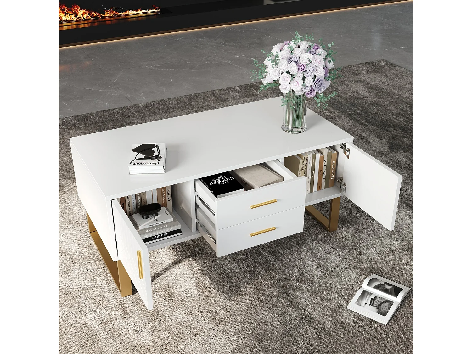 Brillante Kaffeetabelle 2 Türen und 2 Schubladen, Partikelplatte, 100x50x45 cm, weiß