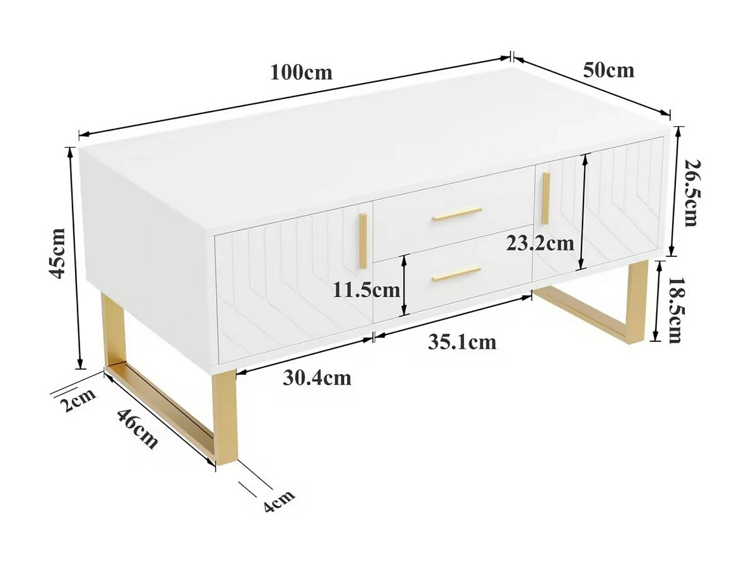 Brillante Kaffeetabelle 2 Türen und 2 Schubladen, Partikelplatte, 100x50x45 cm, weiß