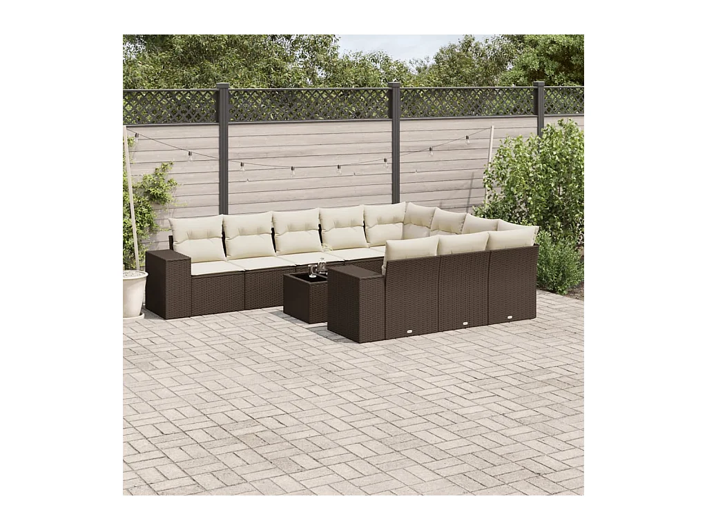 Salon de jardin et coussins 11 pcs marron résine tressée
