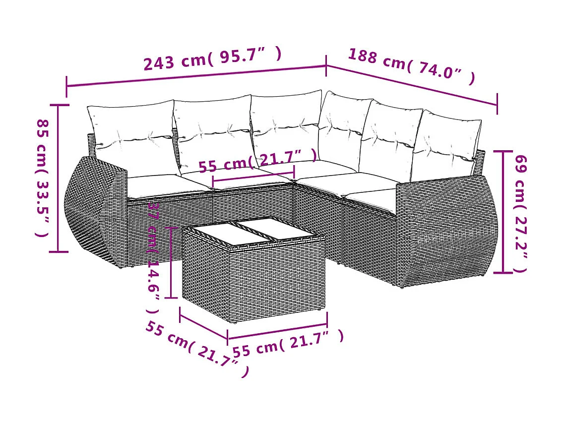Salon de jardin avec coussins 6 pcs marron résine tressée