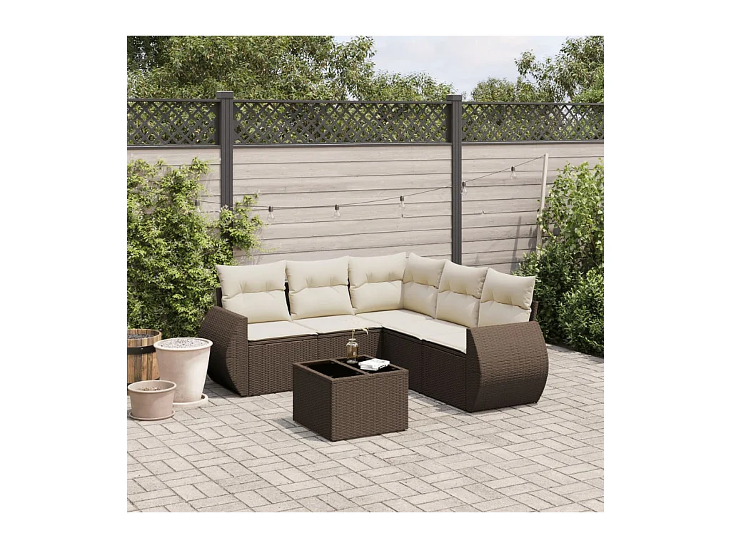 Salon de jardin avec coussins 6 pcs marron résine tressée