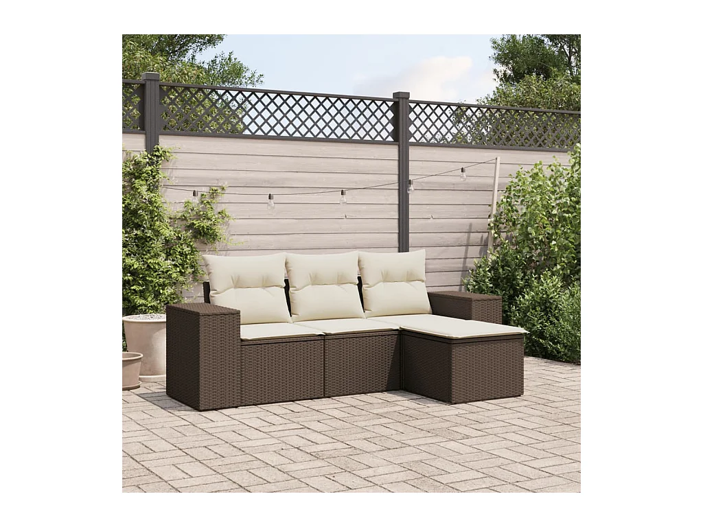 Salon de jardin 4 pcs avec coussins marron résine tressée