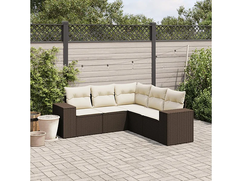 Salon de jardin avec coussins 5 pcs marron résine tressée
