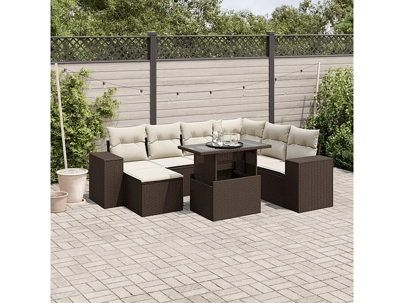 Conjunto de móveis de jardim de 8 peças com almofadas marrons em resina trançada