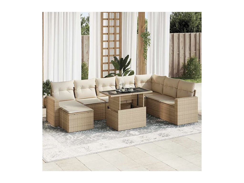 Set mobili da giardino con cuscini 9 pezzi in resina intrecciata beige