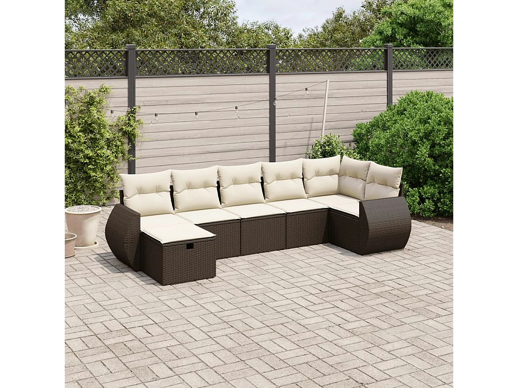 Salon de jardin avec coussins 7 pcs marron résine tressée