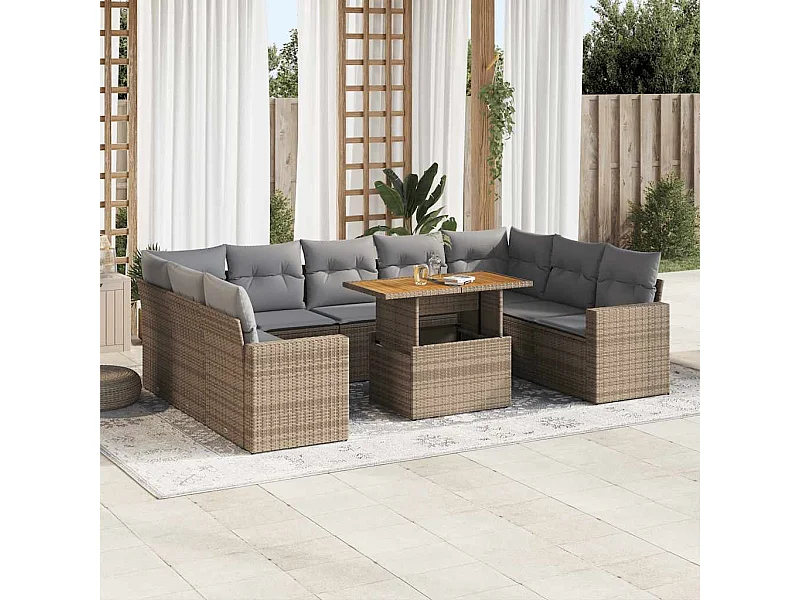 Gartenmöbel-Set mit Kissen 10-tlg. beige gewebtes Harz